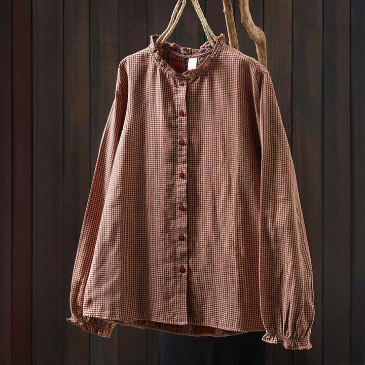 Koszula damska z bawełny z długim rękawem i kołnierzykiem z falbanką w kratkę Buddha Stones Fall Tiny Plaid Button Down - image 1