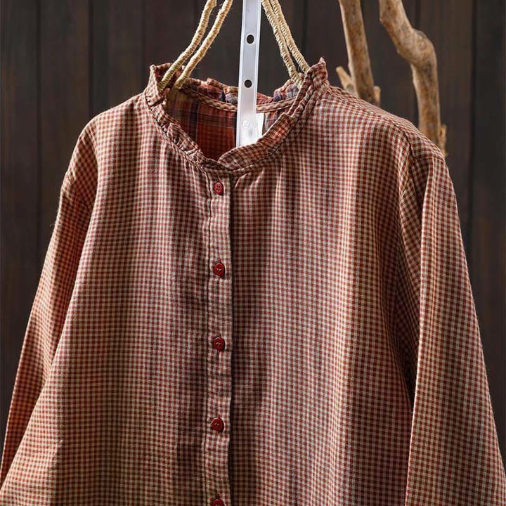 Koszula damska z bawełny z długim rękawem i kołnierzykiem z falbanką w kratkę Buddha Stones Fall Tiny Plaid Button Down - image 3