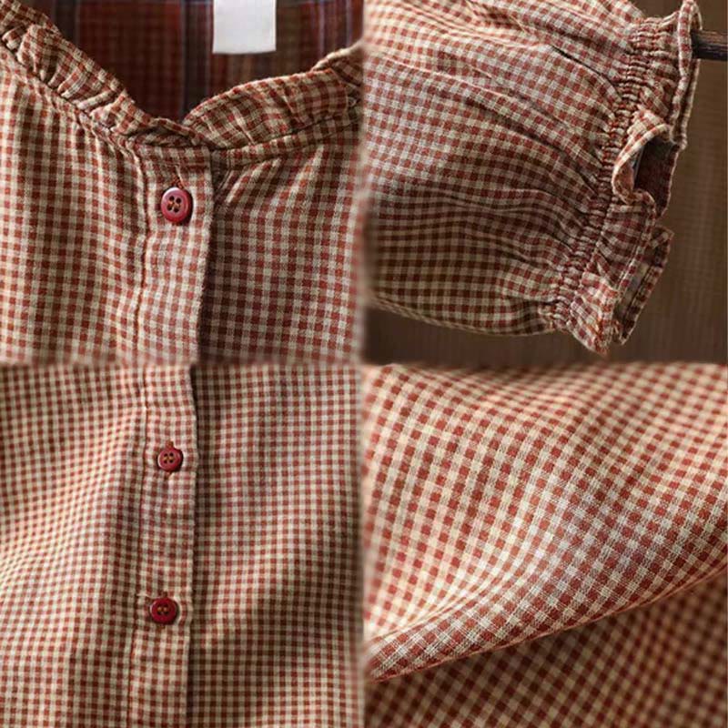 Koszula damska z bawełny z długim rękawem i kołnierzykiem z falbanką w kratkę Buddha Stones Fall Tiny Plaid Button Down - image 12