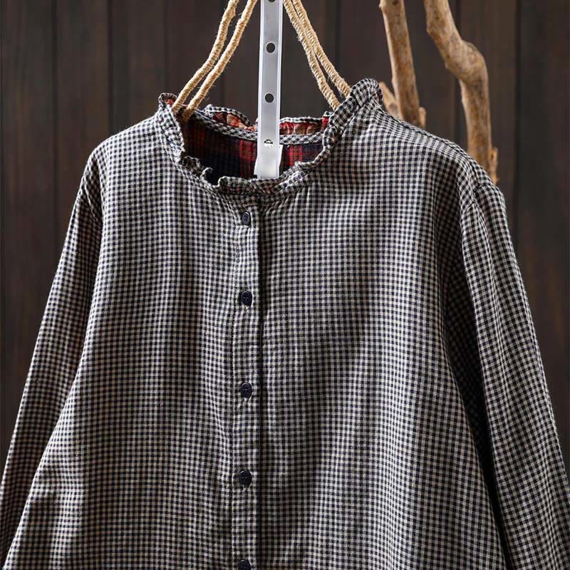 Koszula damska z bawełny z długim rękawem i kołnierzykiem z falbanką w kratkę Buddha Stones Fall Tiny Plaid Button Down - image 16