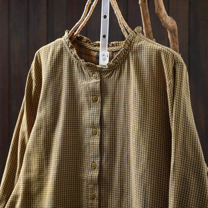Koszula damska z bawełny z długim rękawem i kołnierzykiem z falbanką w kratkę Buddha Stones Fall Tiny Plaid Button Down - image 14