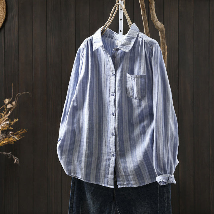 Koszula damska bawełniana z długim rękawem i kołnierzykiem w pionowe paski z Buddha Stones - LightSkyBlue - US6, UK/AU10, EU38 (L) - image 0