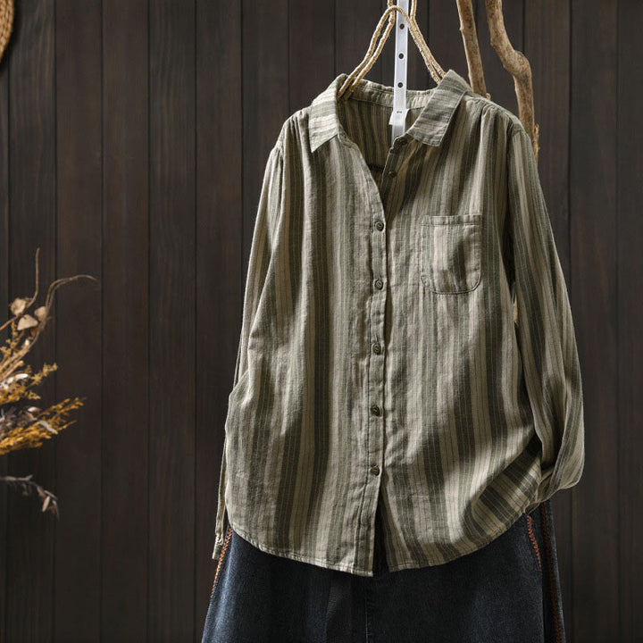 Koszula damska bawełniana z długim rękawem i kołnierzykiem w pionowe paski z Buddha Stones - DarkSeaGreen - US6, UK/AU10, EU38 (L) - image 25