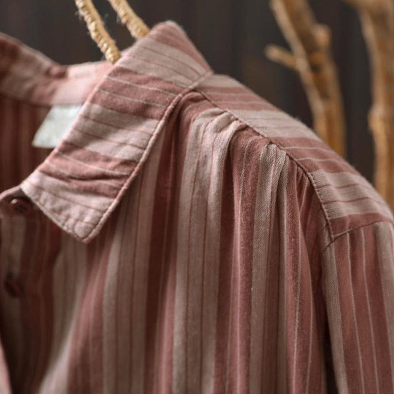 Koszula damska bawełniana z długim rękawem i kołnierzykiem w pionowe paski z Buddha Stones - image 17