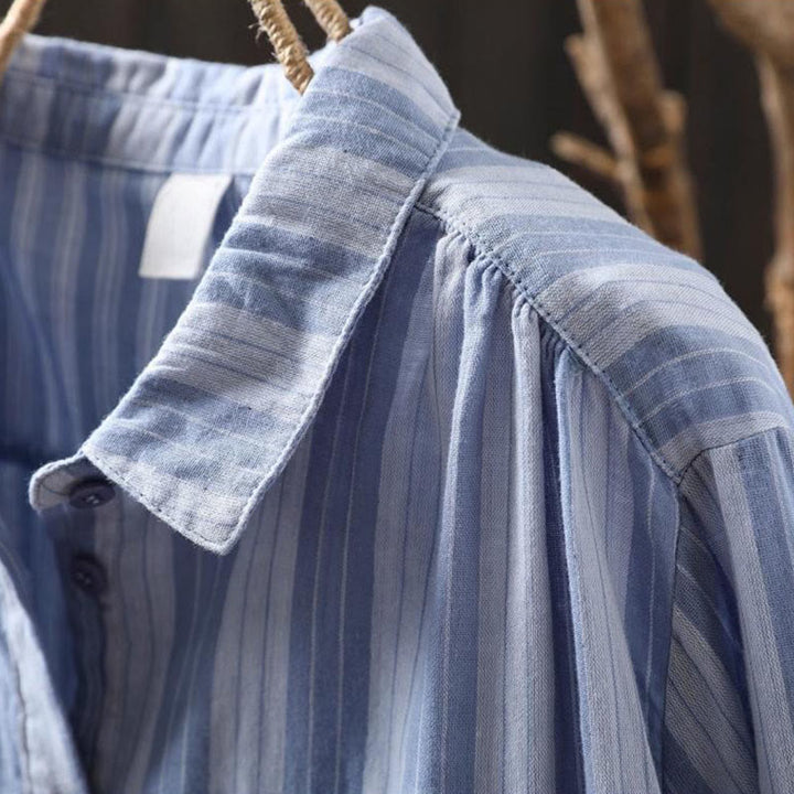 Koszula damska bawełniana z długim rękawem i kołnierzykiem w pionowe paski z Buddha Stones - image 3