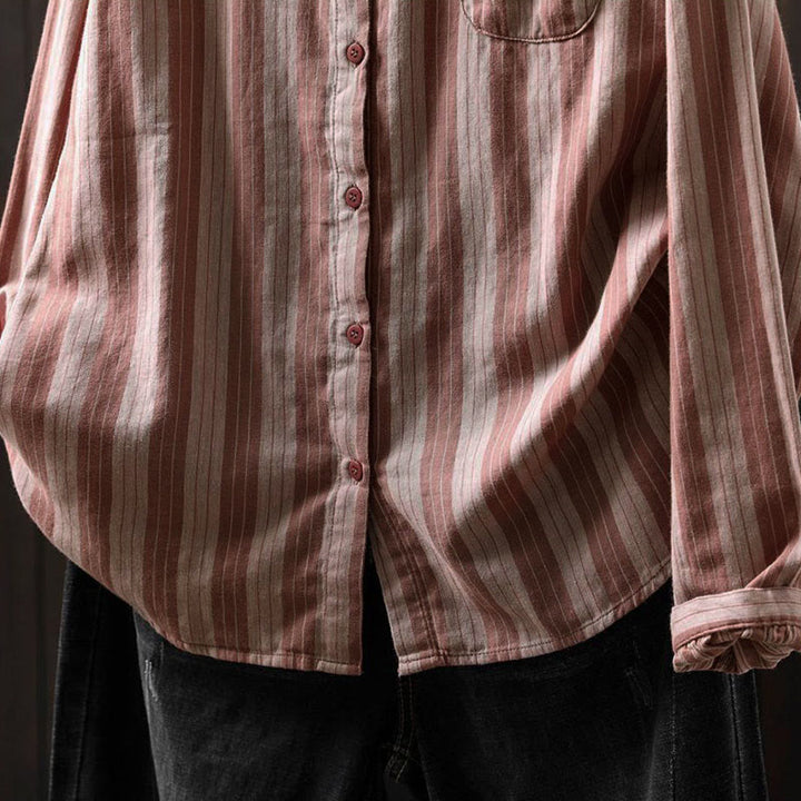 Koszula damska bawełniana z długim rękawem i kołnierzykiem w pionowe paski z Buddha Stones - image 21