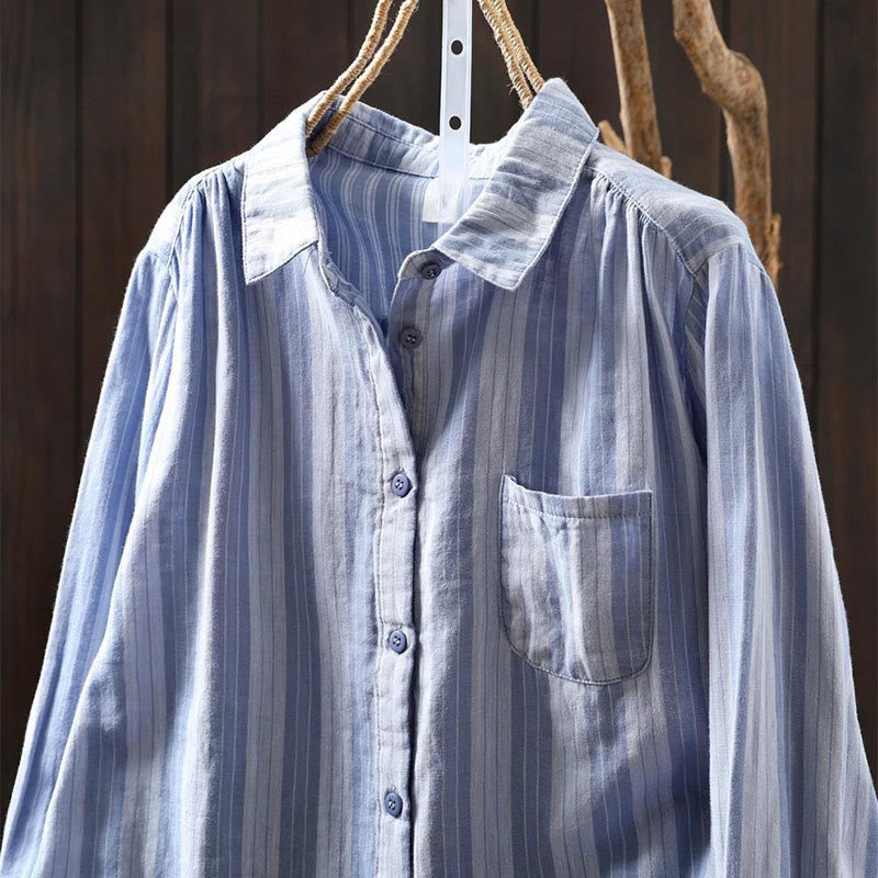 Koszula damska bawełniana z długim rękawem i kołnierzykiem w pionowe paski z Buddha Stones - image 2