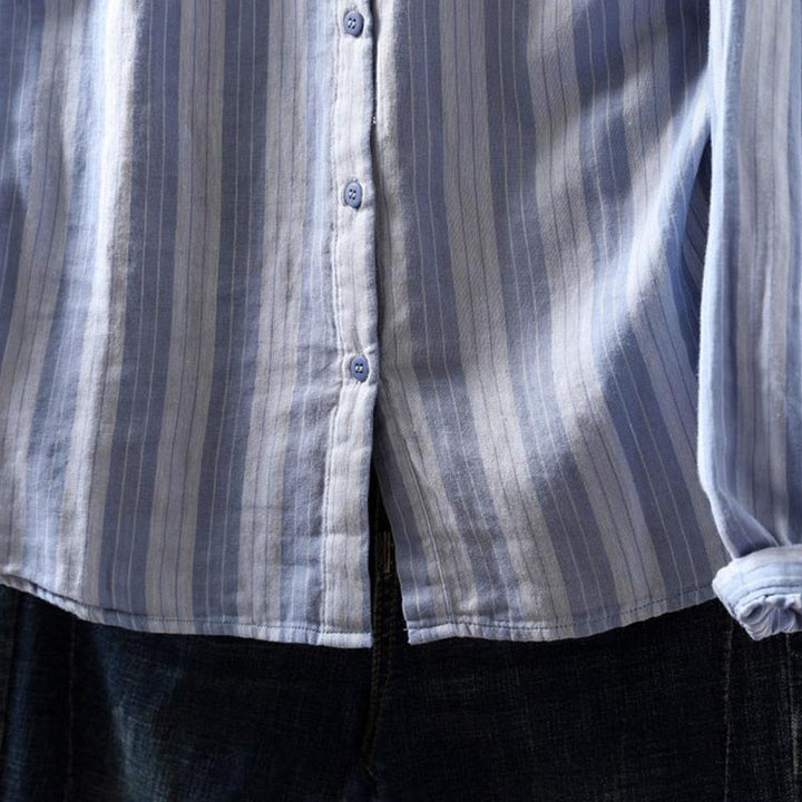 Koszula damska bawełniana z długim rękawem i kołnierzykiem w pionowe paski z Buddha Stones - image 8