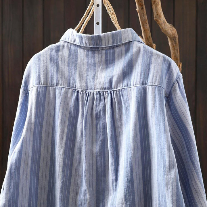 Koszula damska bawełniana z długim rękawem i kołnierzykiem w pionowe paski z Buddha Stones - image 4