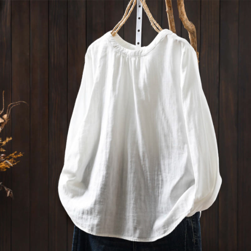 Koszula damska z bawełny z długim rękawem i okrągłym dekoltem z tyłu, zapinana na guziki i ozdobiona Buddha Stones - Biały - US6, UK/AU10, EU38 (L) - image 13