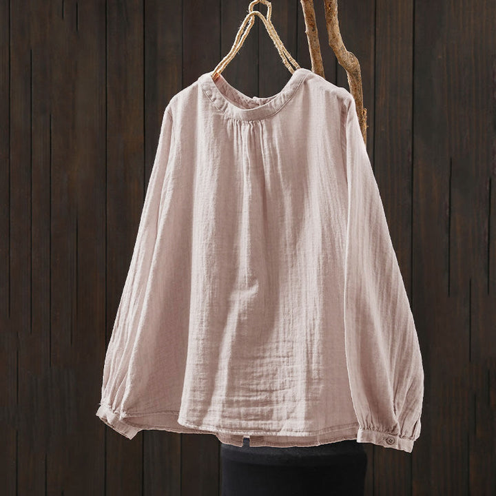 Koszula damska z bawełny z długim rękawem i okrągłym dekoltem z tyłu, zapinana na guziki i ozdobiona Buddha Stones - image 2