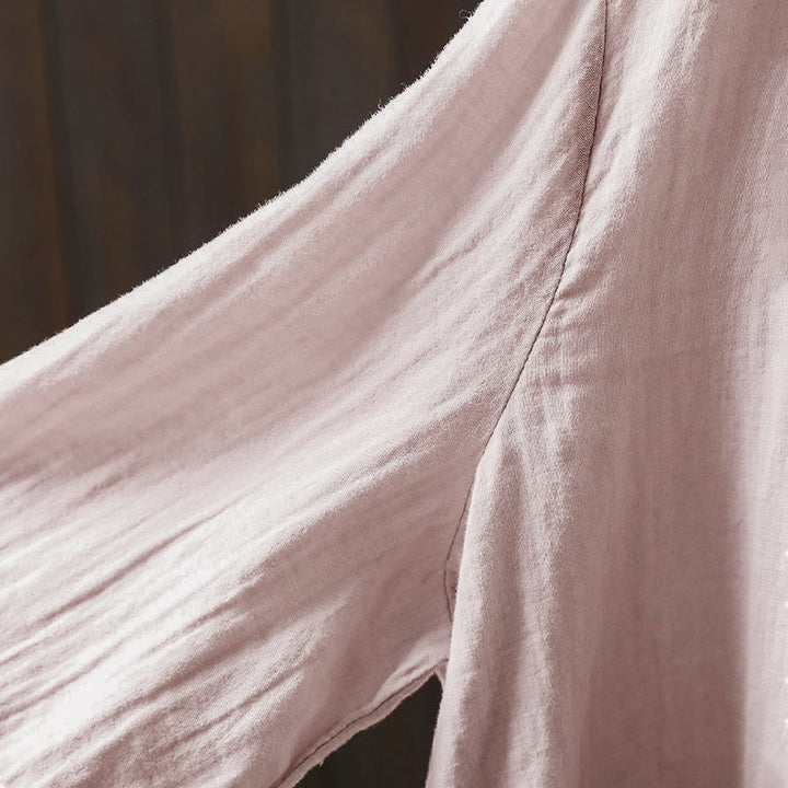 Koszula damska z bawełny z długim rękawem i okrągłym dekoltem z tyłu, zapinana na guziki i ozdobiona Buddha Stones - image 6