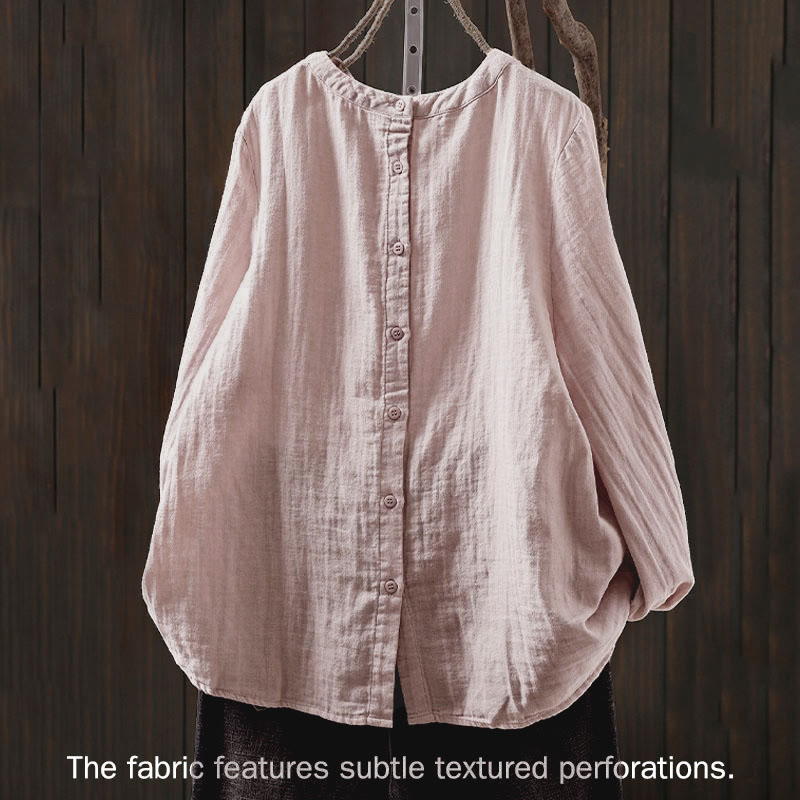 Koszula damska z bawełny z długim rękawem i okrągłym dekoltem z tyłu, zapinana na guziki i ozdobiona Buddha Stones - image 1