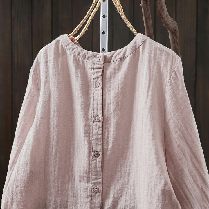 Koszula damska z bawełny z długim rękawem i okrągłym dekoltem z tyłu, zapinana na guziki i ozdobiona Buddha Stones - image 5