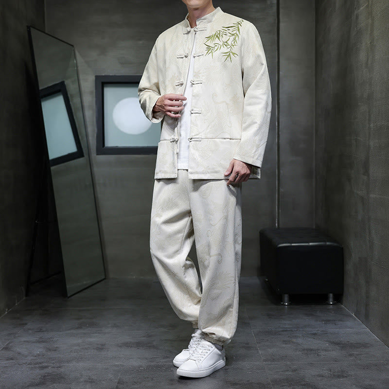 Buddha Stones 2 szt. Wiosenny smok bambusowe chmury męski garnitur Tang z żabą na guziki, bawełniana kurtka z długim rękawem i spodnie z kieszeniami - Bielizna - US/UK/AU46， EU56 (5XL) - image 0