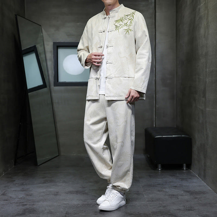 Buddha Stones 2 szt. Wiosenny smok bambusowe chmury męski garnitur Tang z żabą na guziki, bawełniana kurtka z długim rękawem i spodnie z kieszeniami - Bielizna - US/UK/AU46， EU56 (5XL) - image 0