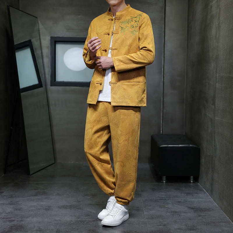 Buddha Stones 2 szt. Wiosenny smok bambusowe chmury męski garnitur Tang z żabą na guziki, bawełniana kurtka z długim rękawem i spodnie z kieszeniami - Złoto - US/UK/AU46， EU56 (5XL) - image 8