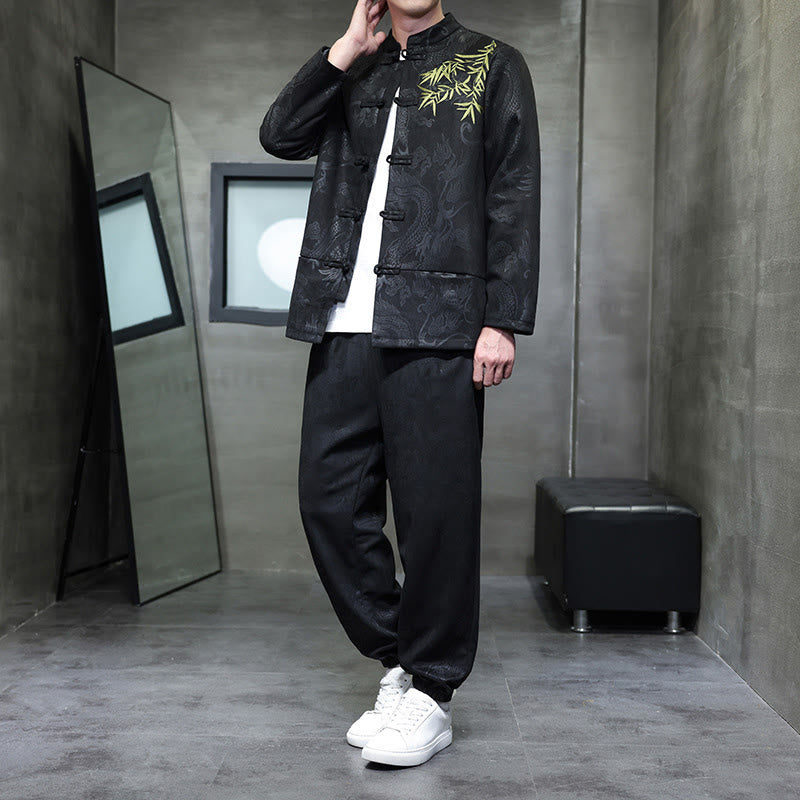 Buddha Stones 2 szt. Wiosenny smok bambusowe chmury męski garnitur Tang z żabą na guziki, bawełniana kurtka z długim rękawem i spodnie z kieszeniami - Czarny - US/UK/AU46， EU56 (5XL) - image 21