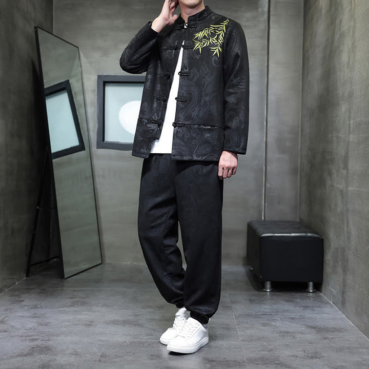 Buddha Stones 2 szt. Wiosenny smok bambusowe chmury męski garnitur Tang z żabą na guziki, bawełniana kurtka z długim rękawem i spodnie z kieszeniami - Czarny - US/UK/AU46， EU56 (5XL) - image 21