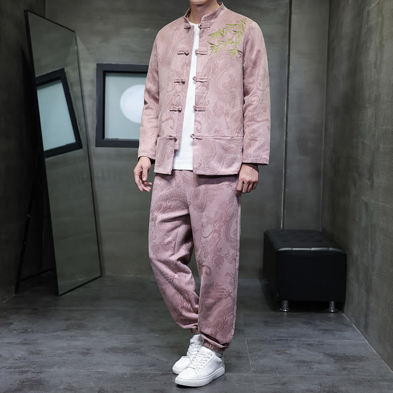 Buddha Stones 2 szt. Wiosenny smok bambusowe chmury męski garnitur Tang z żabą na guziki, bawełniana kurtka z długim rękawem i spodnie z kieszeniami - MistyRose - US/UK/AU46， EU56 (5XL) - image 30