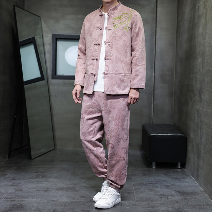 Buddha Stones 2 szt. Wiosenny smok bambusowe chmury męski garnitur Tang z żabą na guziki, bawełniana kurtka z długim rękawem i spodnie z kieszeniami - MistyRose - US/UK/AU46， EU56 (5XL) - image 30