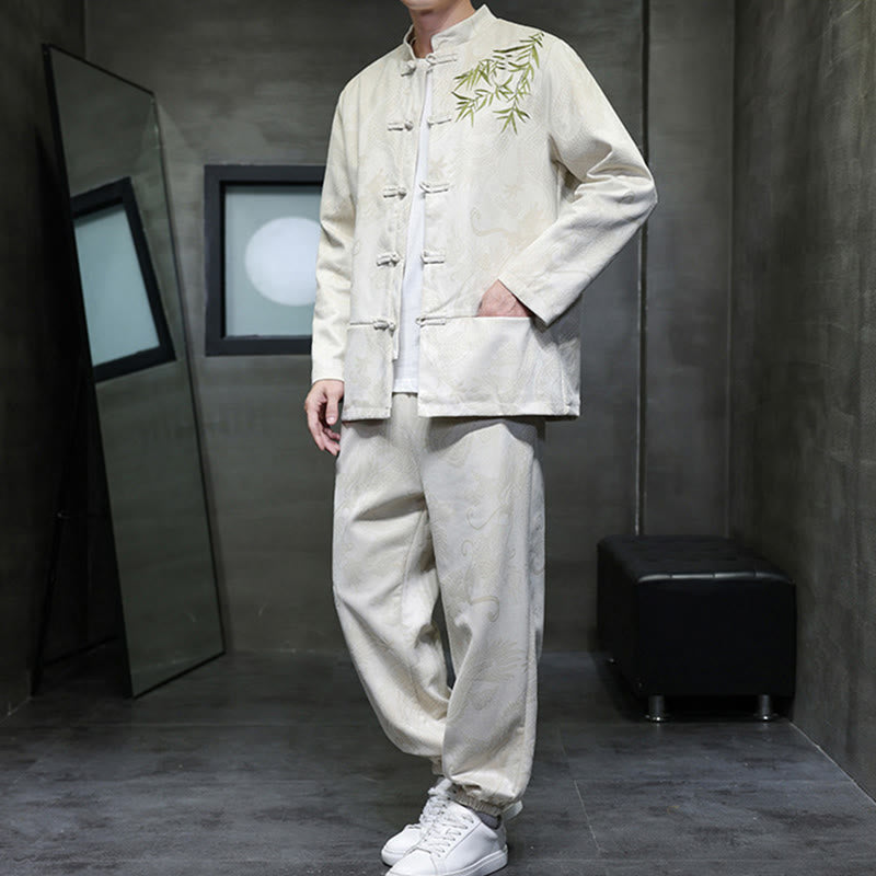 Buddha Stones 2 szt. Wiosenny smok bambusowe chmury męski garnitur Tang z żabą na guziki, bawełniana kurtka z długim rękawem i spodnie z kieszeniami - image 4