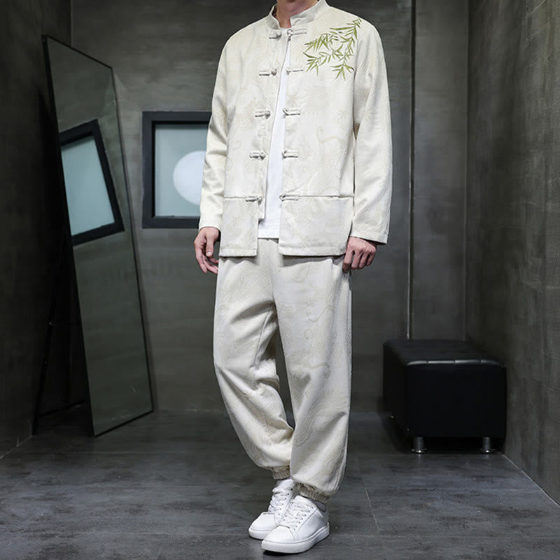 Buddha Stones 2 szt. Wiosenny smok bambusowe chmury męski garnitur Tang z żabą na guziki, bawełniana kurtka z długim rękawem i spodnie z kieszeniami - image 5