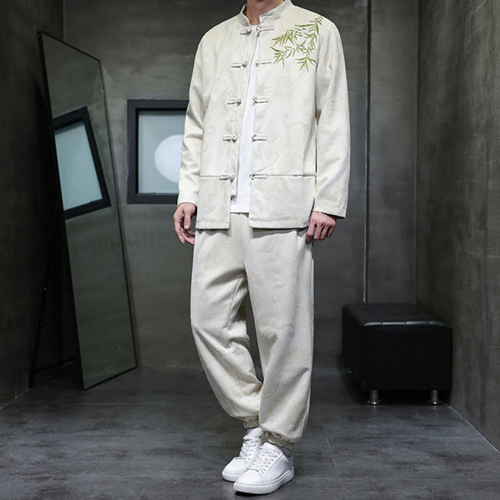 Buddha Stones 2 szt. Wiosenny smok bambusowe chmury męski garnitur Tang z żabą na guziki, bawełniana kurtka z długim rękawem i spodnie z kieszeniami - image 5