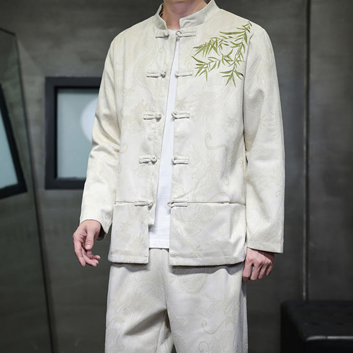 Buddha Stones 2 szt. Wiosenny smok bambusowe chmury męski garnitur Tang z żabą na guziki, bawełniana kurtka z długim rękawem i spodnie z kieszeniami - image 6