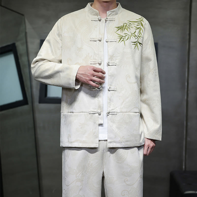 Buddha Stones 2 szt. Wiosenny smok bambusowe chmury męski garnitur Tang z żabą na guziki, bawełniana kurtka z długim rękawem i spodnie z kieszeniami - image 7