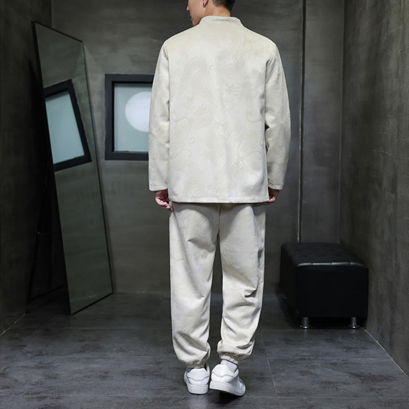 Buddha Stones 2 szt. Wiosenny smok bambusowe chmury męski garnitur Tang z żabą na guziki, bawełniana kurtka z długim rękawem i spodnie z kieszeniami - image 3