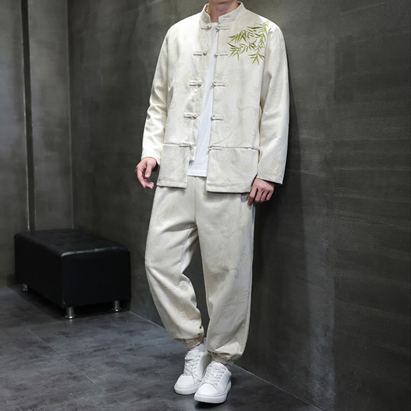 Buddha Stones 2 szt. Wiosenny smok bambusowe chmury męski garnitur Tang z żabą na guziki, bawełniana kurtka z długim rękawem i spodnie z kieszeniami - image 1