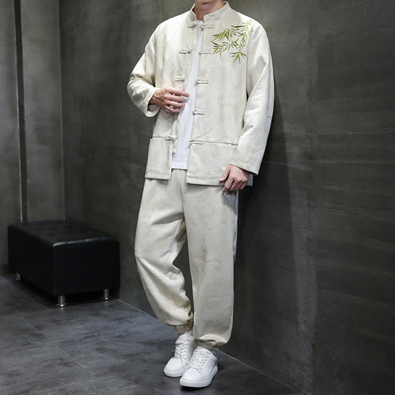 Buddha Stones 2 szt. Wiosenny smok bambusowe chmury męski garnitur Tang z żabą na guziki, bawełniana kurtka z długim rękawem i spodnie z kieszeniami - image 2