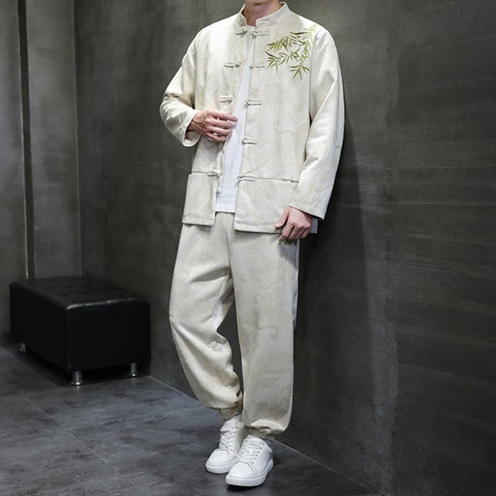 Buddha Stones 2 szt. Wiosenny smok bambusowe chmury męski garnitur Tang z żabą na guziki, bawełniana kurtka z długim rękawem i spodnie z kieszeniami - image 2