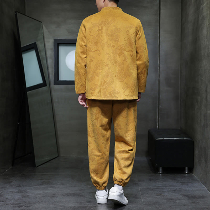 Buddha Stones 2 szt. Wiosenny smok bambusowe chmury męski garnitur Tang z żabą na guziki, bawełniana kurtka z długim rękawem i spodnie z kieszeniami - image 11