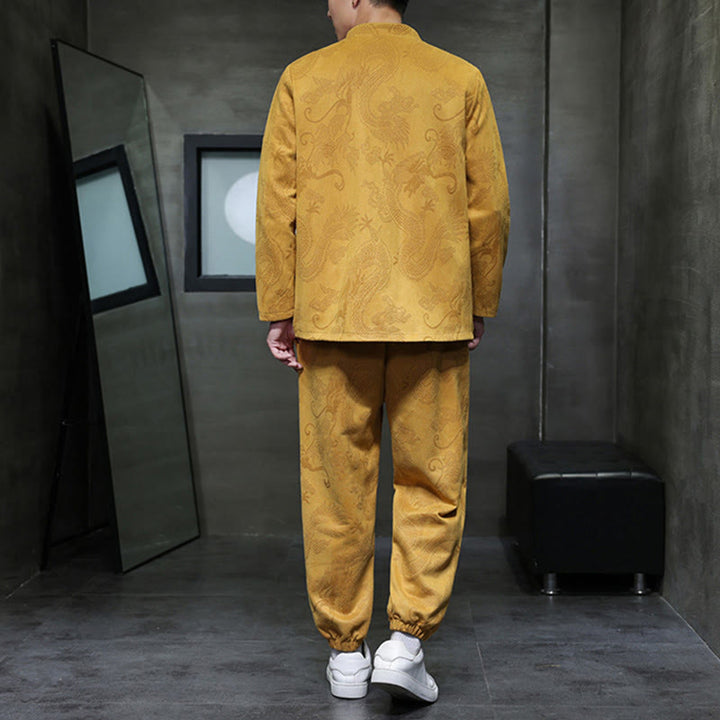 Buddha Stones 2 szt. Wiosenny smok bambusowe chmury męski garnitur Tang z żabą na guziki, bawełniana kurtka z długim rękawem i spodnie z kieszeniami - image 11