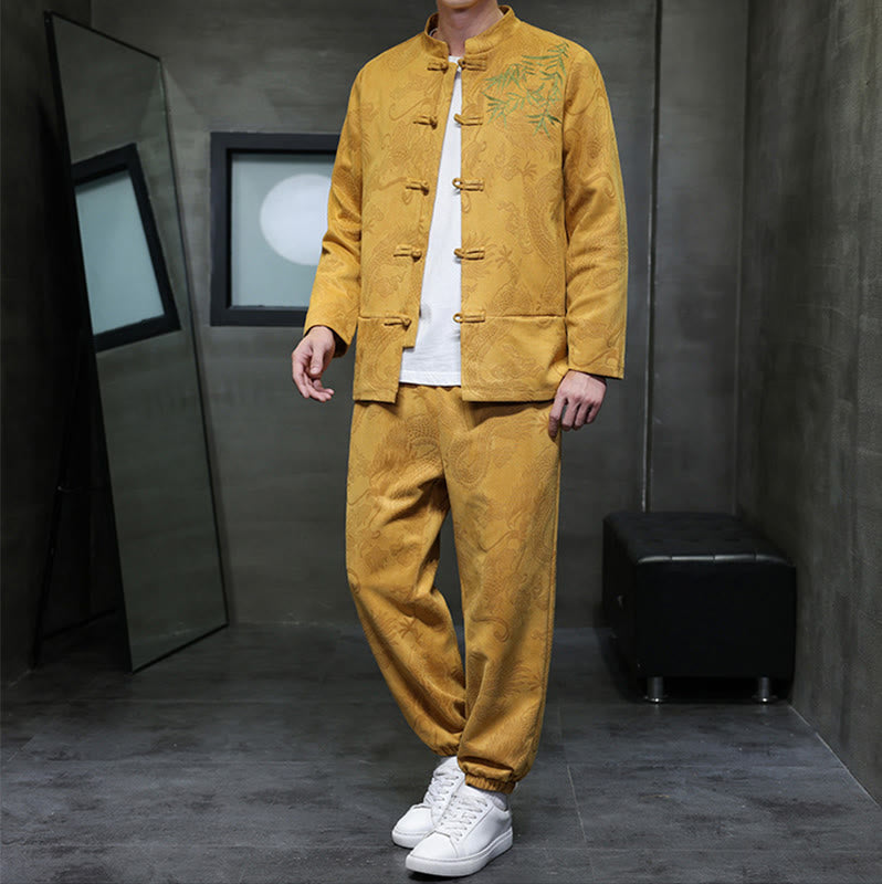 Buddha Stones 2 szt. Wiosenny smok bambusowe chmury męski garnitur Tang z żabą na guziki, bawełniana kurtka z długim rękawem i spodnie z kieszeniami - image 9