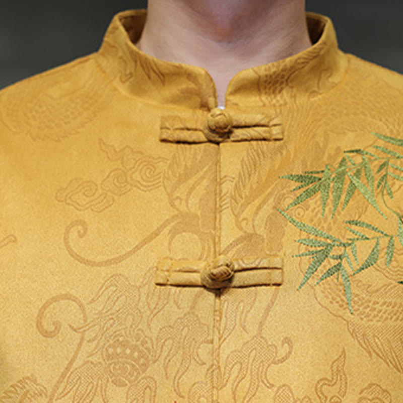 Buddha Stones 2 szt. Wiosenny smok bambusowe chmury męski garnitur Tang z żabą na guziki, bawełniana kurtka z długim rękawem i spodnie z kieszeniami - image 18