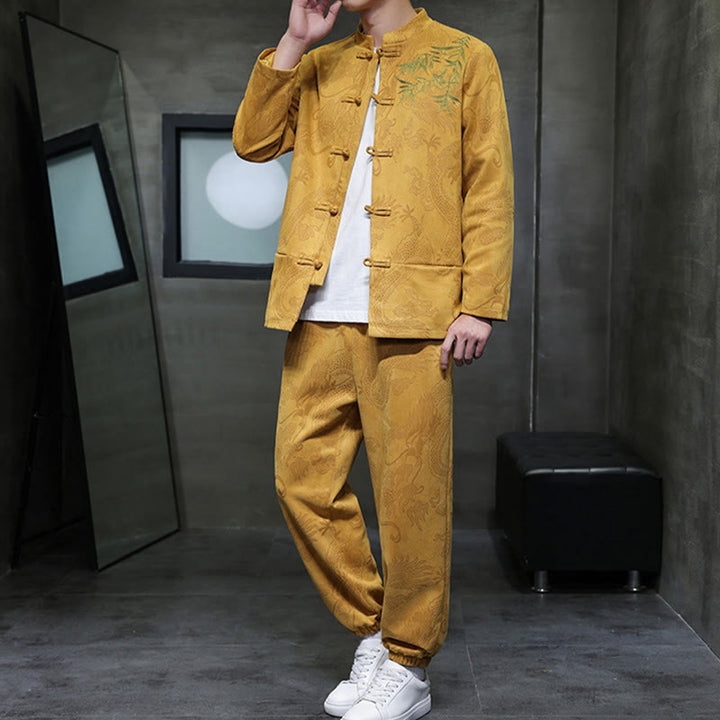 Buddha Stones 2 szt. Wiosenny smok bambusowe chmury męski garnitur Tang z żabą na guziki, bawełniana kurtka z długim rękawem i spodnie z kieszeniami - image 14