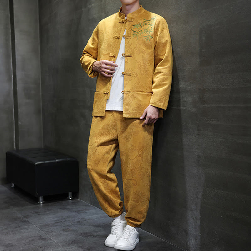 Buddha Stones 2 szt. Wiosenny smok bambusowe chmury męski garnitur Tang z żabą na guziki, bawełniana kurtka z długim rękawem i spodnie z kieszeniami - image 13