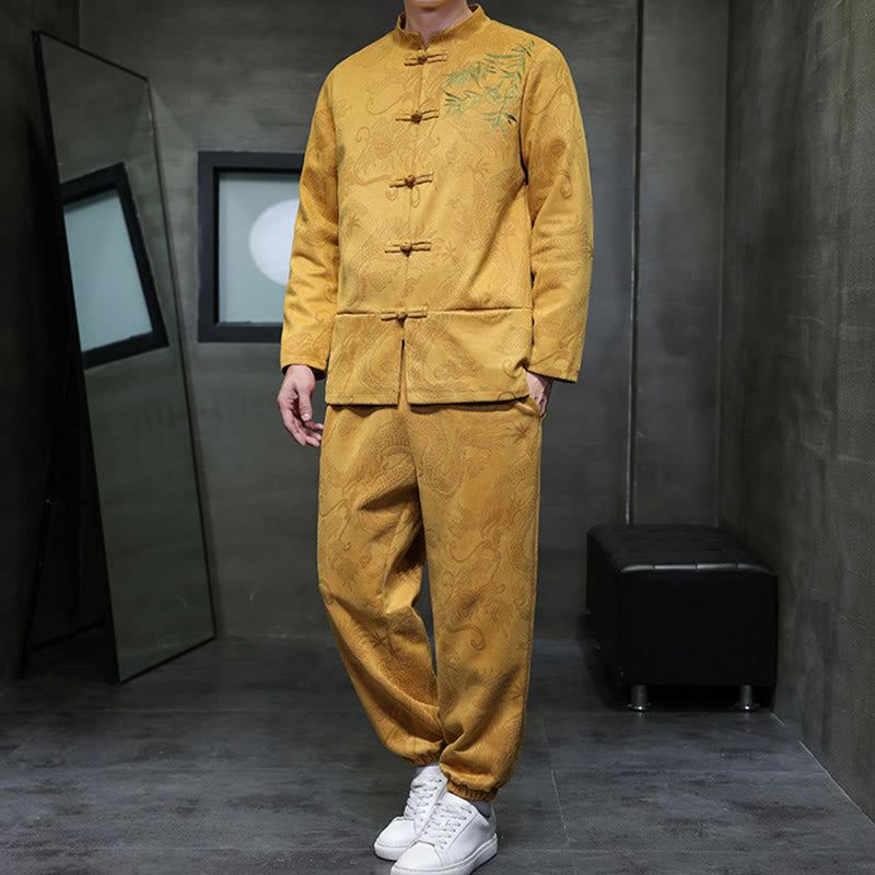 Buddha Stones 2 szt. Wiosenny smok bambusowe chmury męski garnitur Tang z żabą na guziki, bawełniana kurtka z długim rękawem i spodnie z kieszeniami - image 10