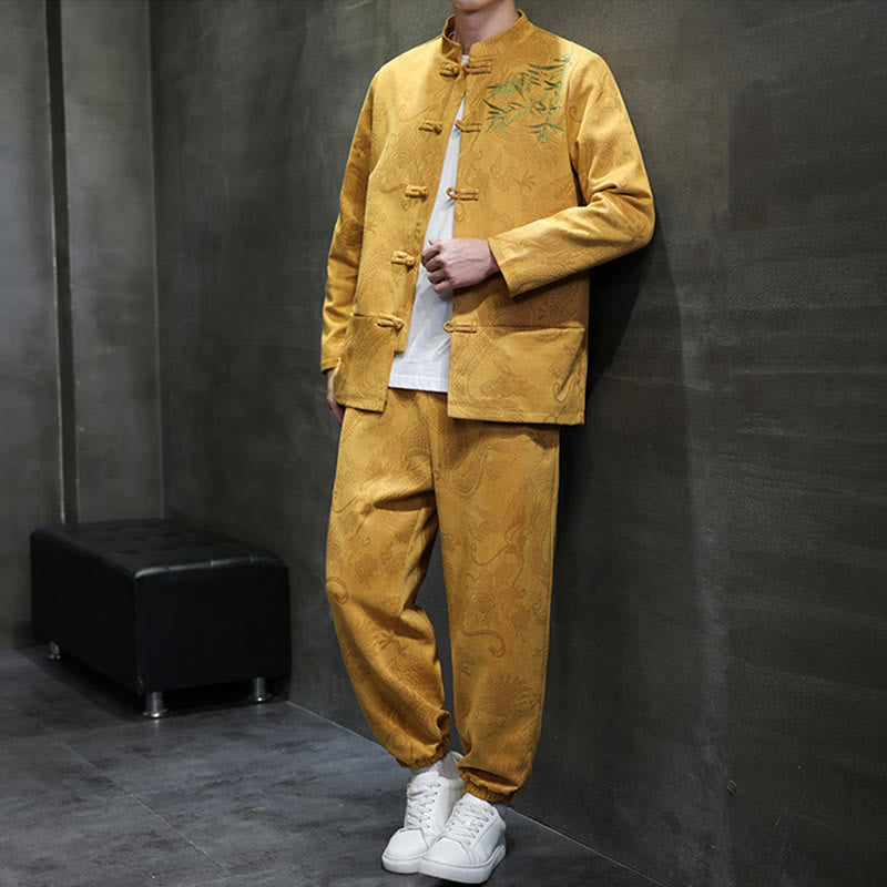 Buddha Stones 2 szt. Wiosenny smok bambusowe chmury męski garnitur Tang z żabą na guziki, bawełniana kurtka z długim rękawem i spodnie z kieszeniami - image 12