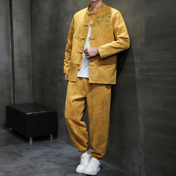 Buddha Stones 2 szt. Wiosenny smok bambusowe chmury męski garnitur Tang z żabą na guziki, bawełniana kurtka z długim rękawem i spodnie z kieszeniami - image 12
