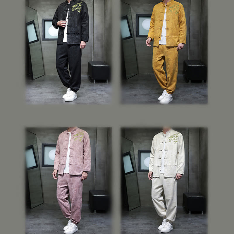 Buddha Stones 2 szt. Wiosenny smok bambusowe chmury męski garnitur Tang z żabą na guziki, bawełniana kurtka z długim rękawem i spodnie z kieszeniami - image 39