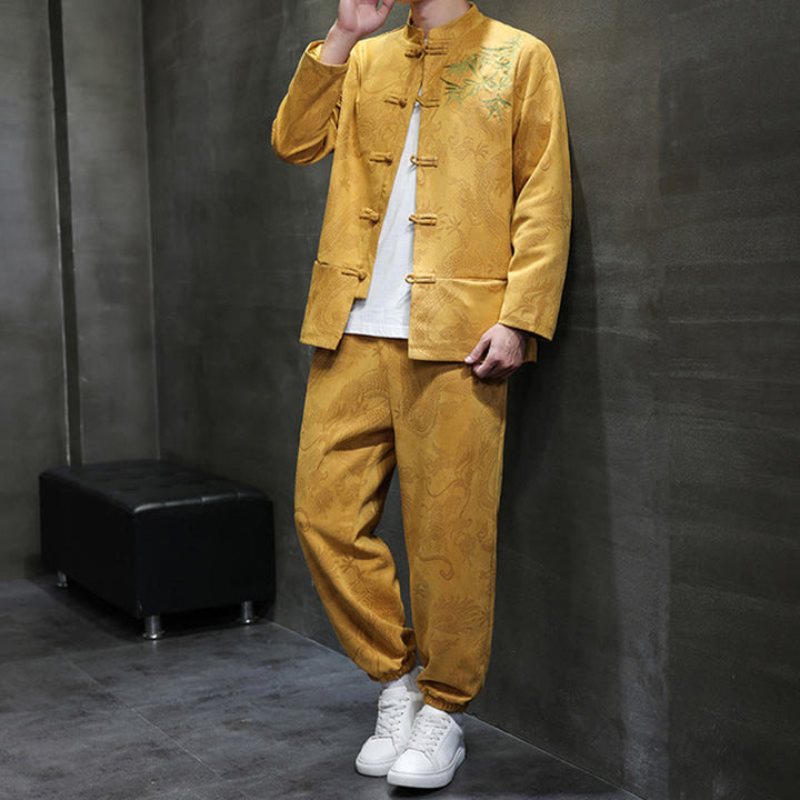 Buddha Stones 2 szt. Wiosenny smok bambusowe chmury męski garnitur Tang z żabą na guziki, bawełniana kurtka z długim rękawem i spodnie z kieszeniami - image 16