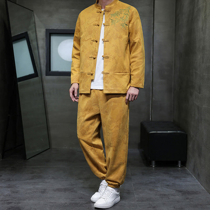 Buddha Stones 2 szt. Wiosenny smok bambusowe chmury męski garnitur Tang z żabą na guziki, bawełniana kurtka z długim rękawem i spodnie z kieszeniami - image 15