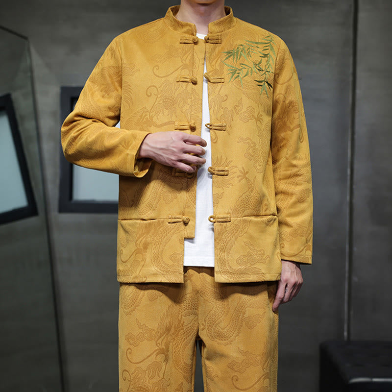 Buddha Stones 2 szt. Wiosenny smok bambusowe chmury męski garnitur Tang z żabą na guziki, bawełniana kurtka z długim rękawem i spodnie z kieszeniami - image 17