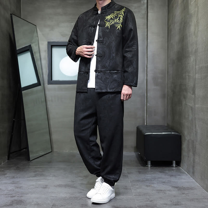 Buddha Stones 2 szt. Wiosenny smok bambusowe chmury męski garnitur Tang z żabą na guziki, bawełniana kurtka z długim rękawem i spodnie z kieszeniami - image 28