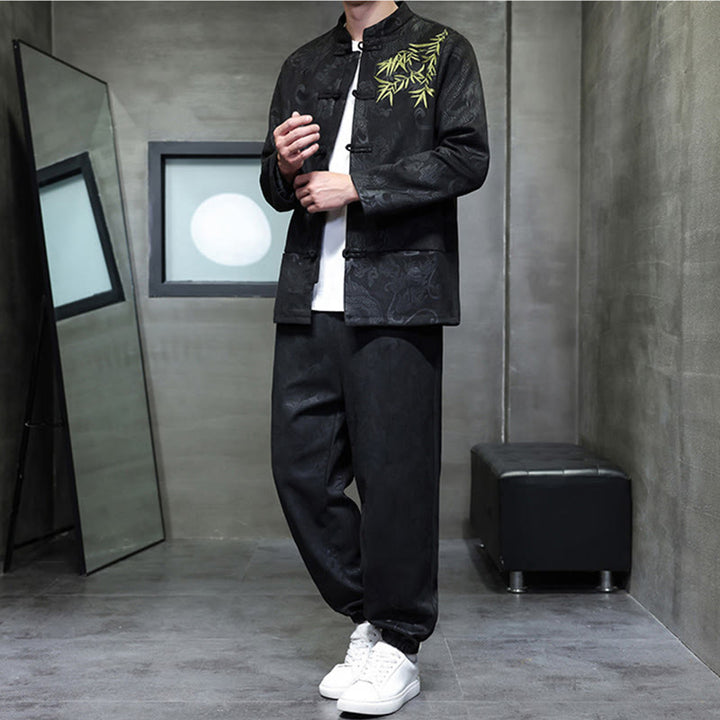 Buddha Stones 2 szt. Wiosenny smok bambusowe chmury męski garnitur Tang z żabą na guziki, bawełniana kurtka z długim rękawem i spodnie z kieszeniami - image 27