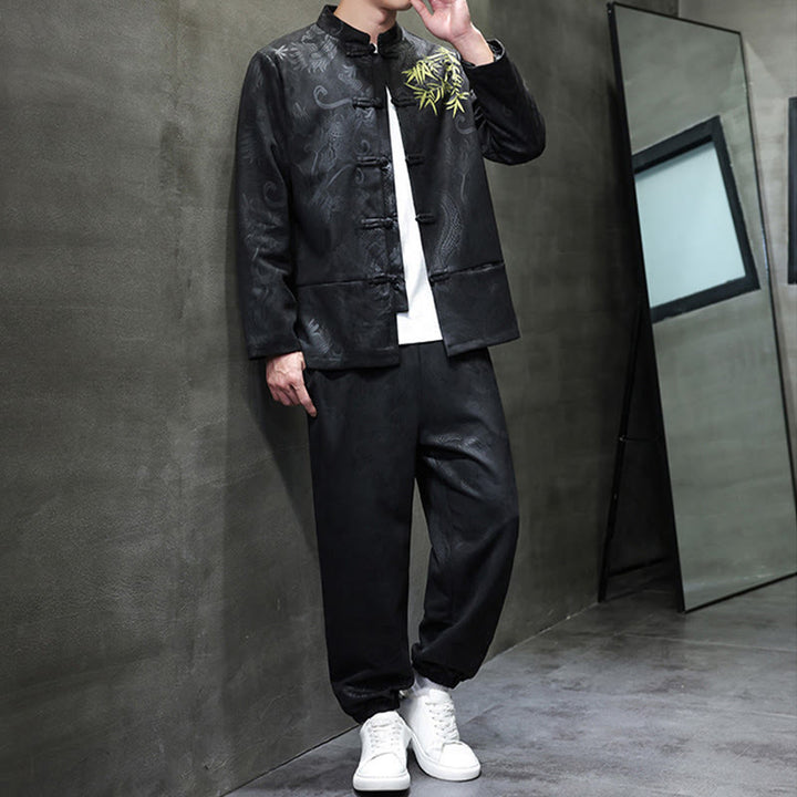 Buddha Stones 2 szt. Wiosenny smok bambusowe chmury męski garnitur Tang z żabą na guziki, bawełniana kurtka z długim rękawem i spodnie z kieszeniami - image 22